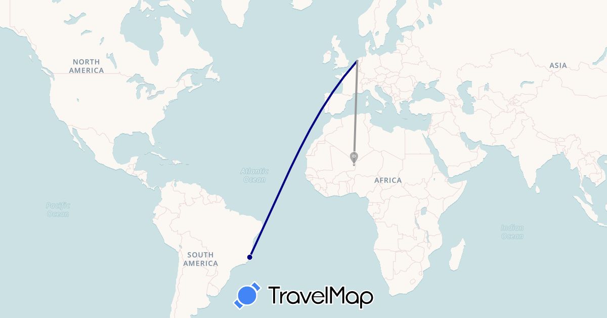 TravelMap itinerary: driving, plane in Brazil, Mali, Netherlands (Africa, Europe, South America)